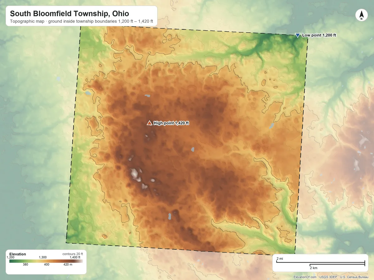 Topographic elevation map of South Bloomfield Township, Ohio, shaded from 1,200 ft on the northeast side to 1,420 ft on Hulse Hill