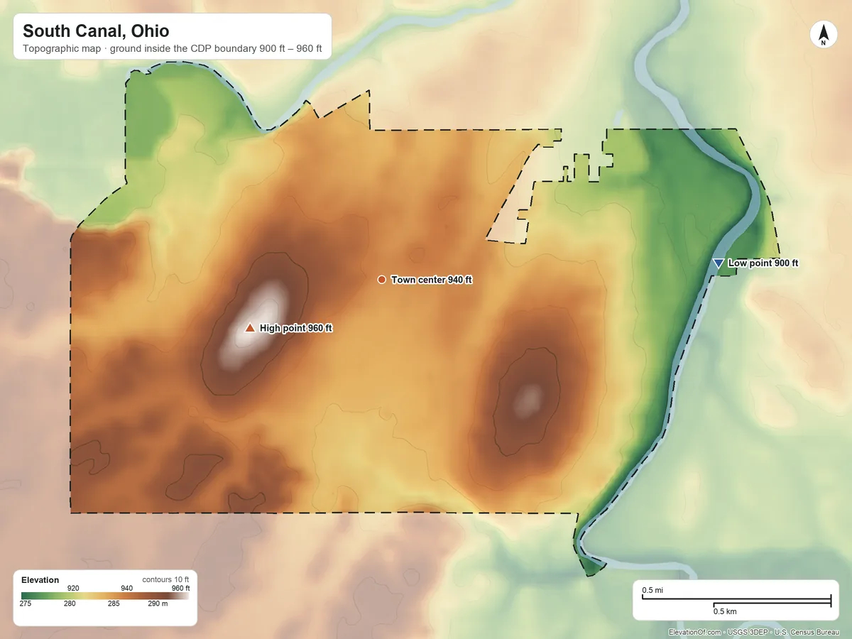 Topographic elevation map of South Canal, Ohio, shaded from 900 ft on the east side to 960 ft on the west side