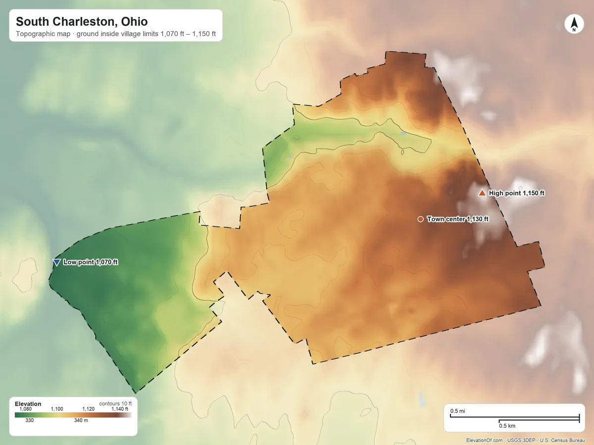 Topographic elevation map of South Charleston, Ohio, shaded from 1,070 ft on the west side to 1,150 ft on the northeast side