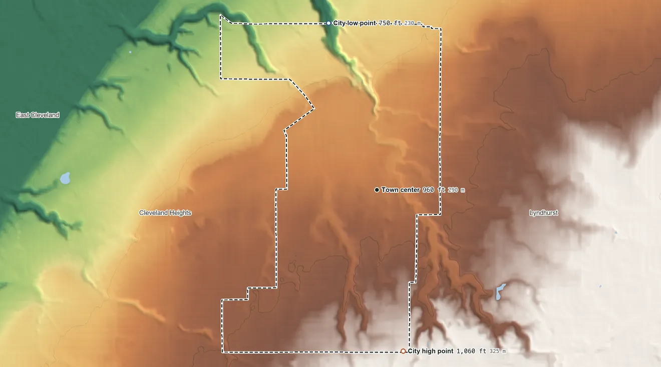 Topographic elevation map of South Euclid, Ohio, shaded from 750 ft on the north side to 1,060 ft on the south side