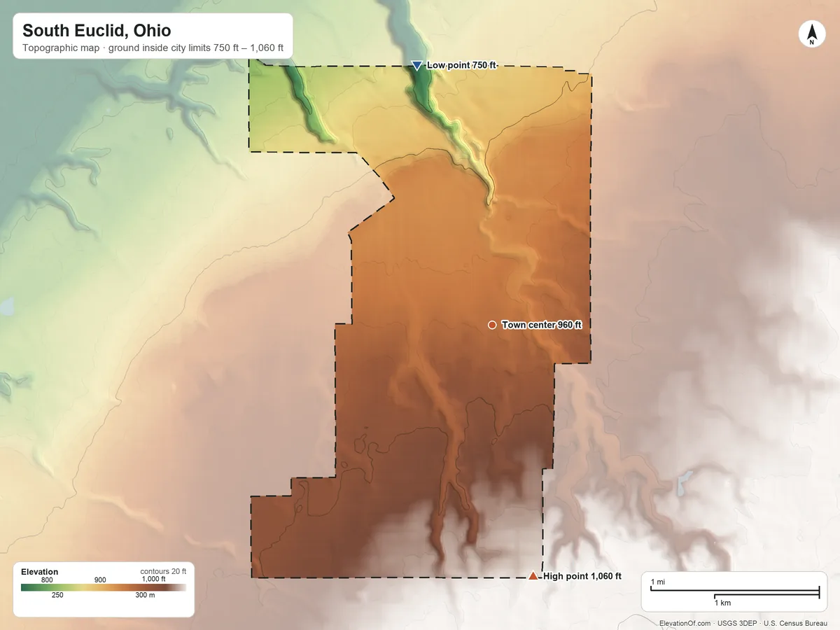 Topographic elevation map of South Euclid, Ohio, shaded from 750 ft on the north side to 1,060 ft on the south side