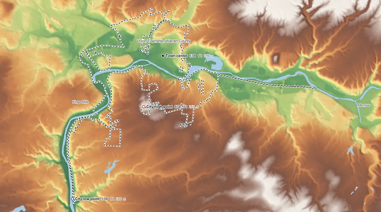 Topographic elevation map of South Lebanon, Ohio, shaded from 590 ft on the southwest side to 870 ft on the south side