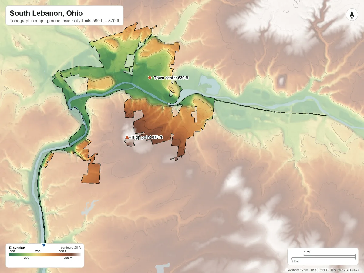 Topographic elevation map of South Lebanon, Ohio, shaded from 590 ft on the southwest side to 870 ft on the south side