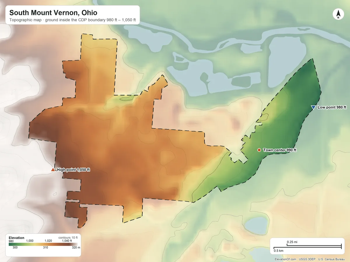 Topographic elevation map of South Mount Vernon, Ohio, shaded from 980 ft on the northeast side to 1,050 ft on the west side