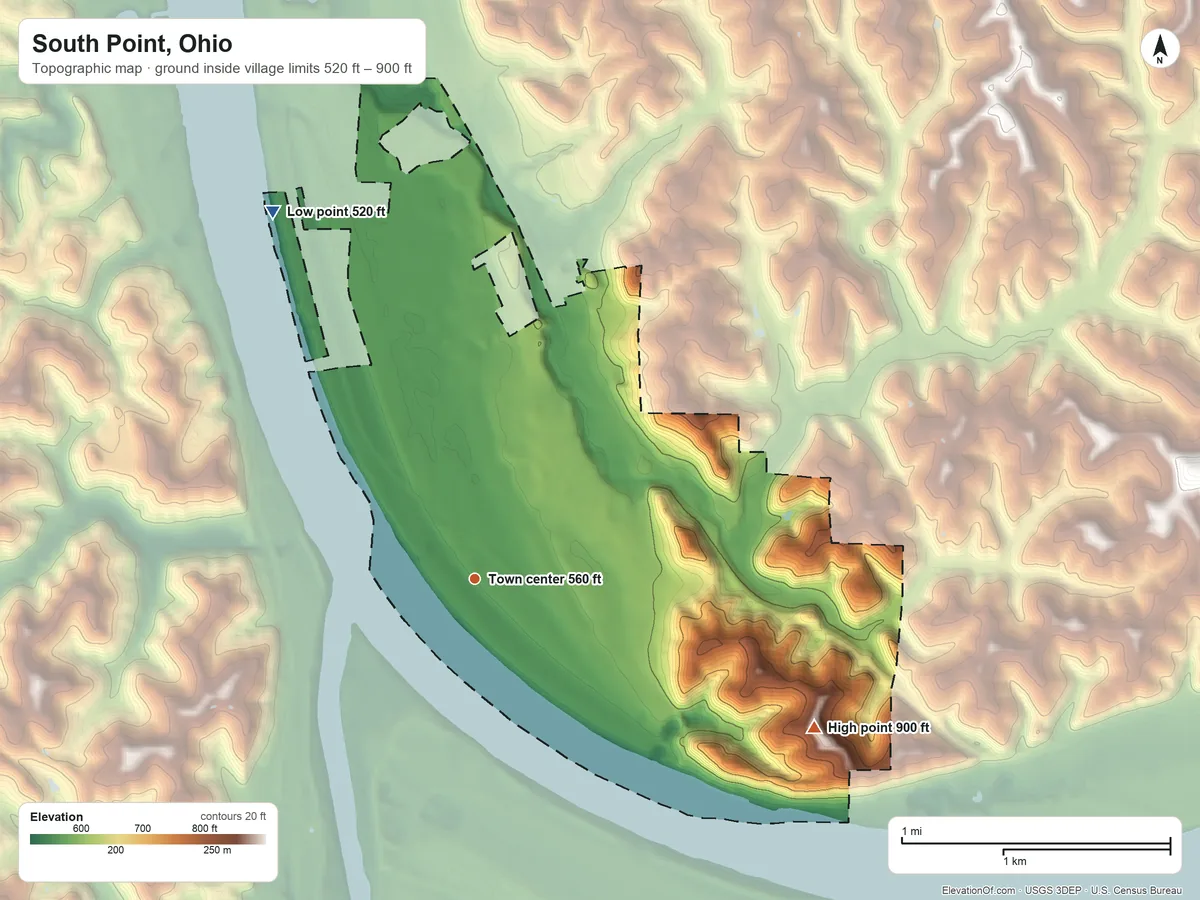 Topographic elevation map of South Point, Ohio, shaded from 520 ft on the northwest side to 900 ft on the southeast side