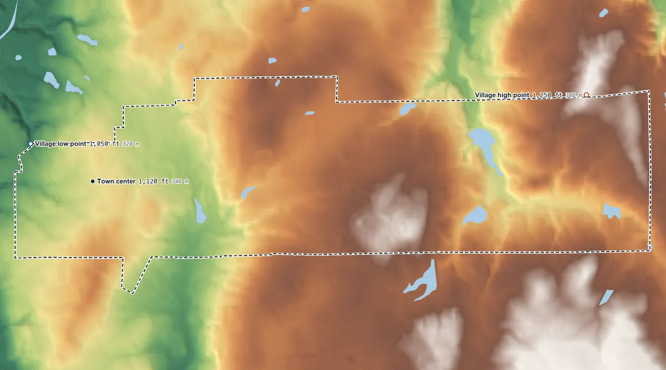 Topographic elevation map of South Russell, Ohio, shaded from 1,050 ft on the northwest side to 1,250 ft on the east side