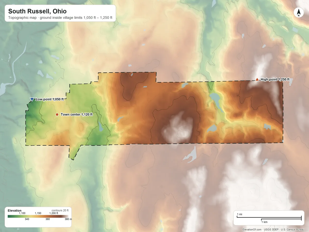 Topographic elevation map of South Russell, Ohio, shaded from 1,050 ft on the northwest side to 1,250 ft on the east side