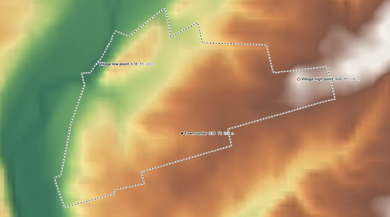 Topographic elevation map of South Salem, Ohio, shaded from 870 ft on the northwest side to 960 ft on the northeast side