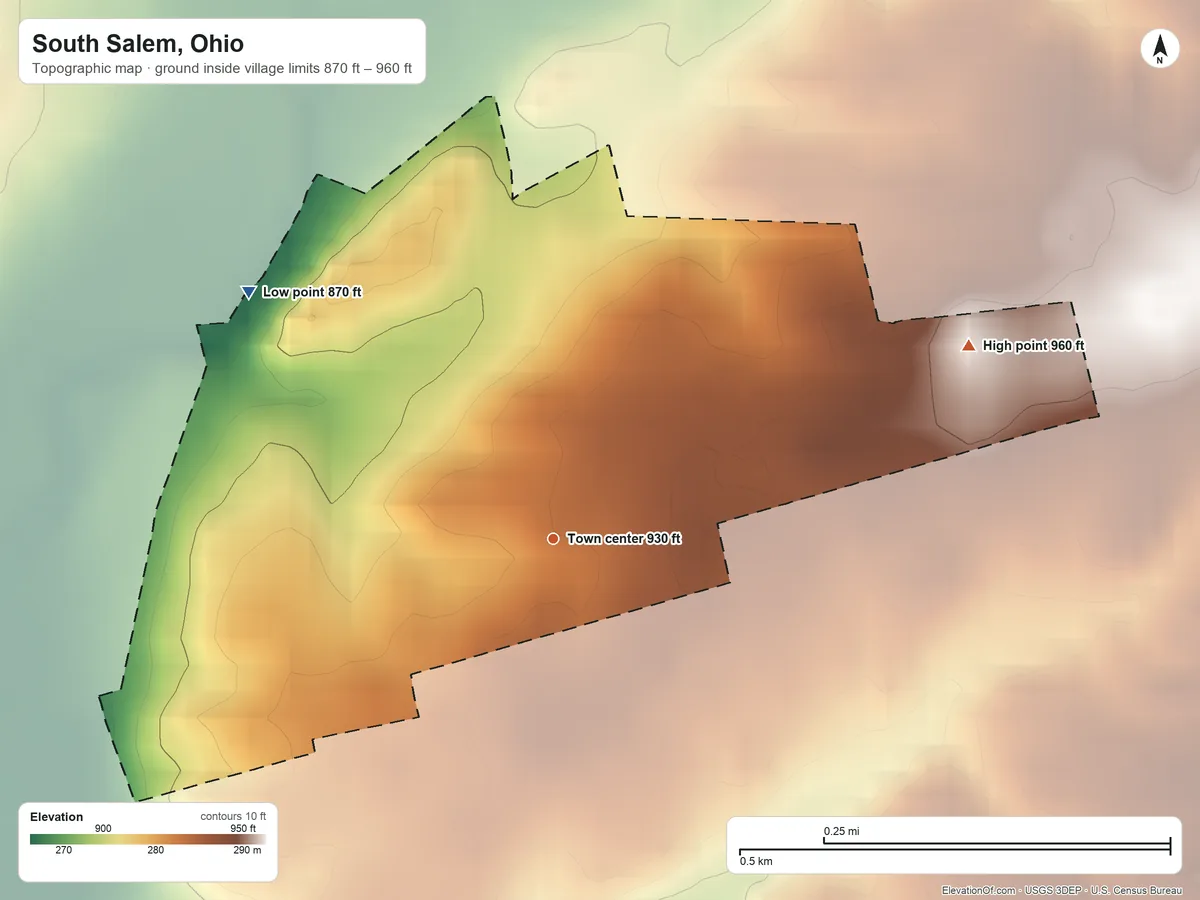 Topographic elevation map of South Salem, Ohio, shaded from 870 ft on the northwest side to 960 ft on the northeast side