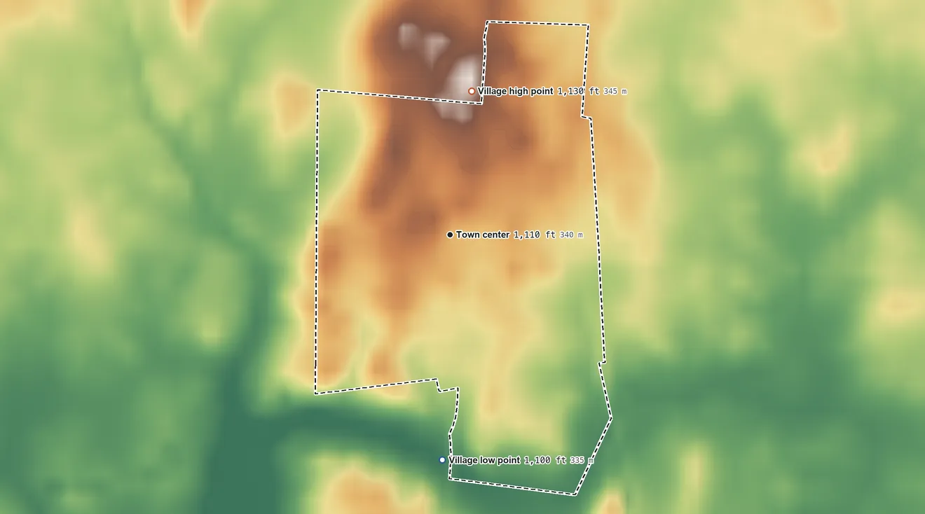 Topographic elevation map of South Solon, Ohio, shaded from 1,100 ft on the south side to 1,130 ft on the north side