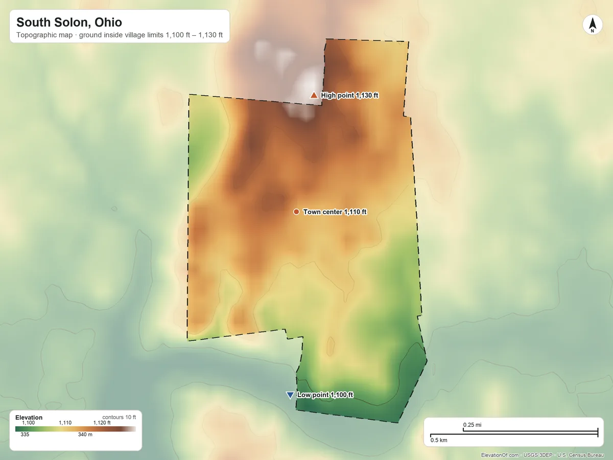 Topographic elevation map of South Solon, Ohio, shaded from 1,100 ft on the south side to 1,130 ft on the north side