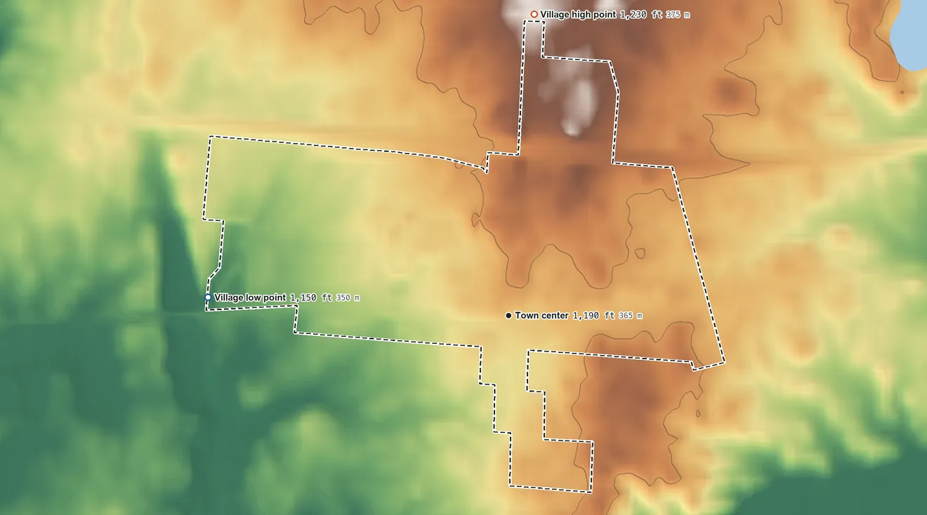 Topographic elevation map of South Vienna, Ohio, shaded from 1,150 ft on the west side to 1,230 ft on the north side