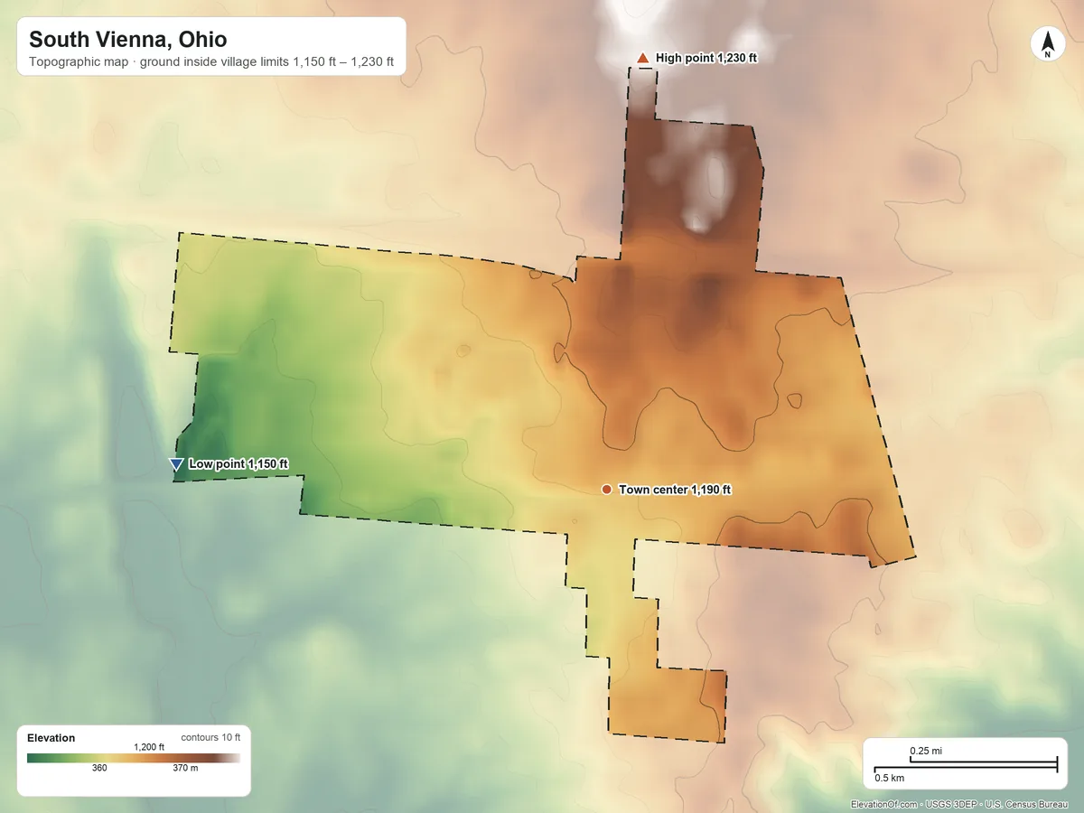 Topographic elevation map of South Vienna, Ohio, shaded from 1,150 ft on the west side to 1,230 ft on the north side