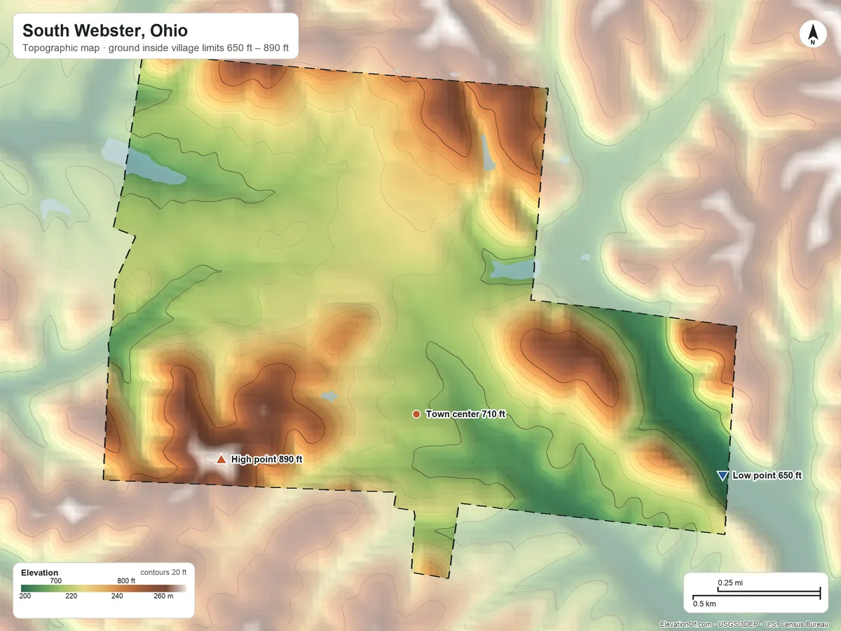 Topographic elevation map of South Webster, Ohio, shaded from 650 ft on the east side to 890 ft on the west side