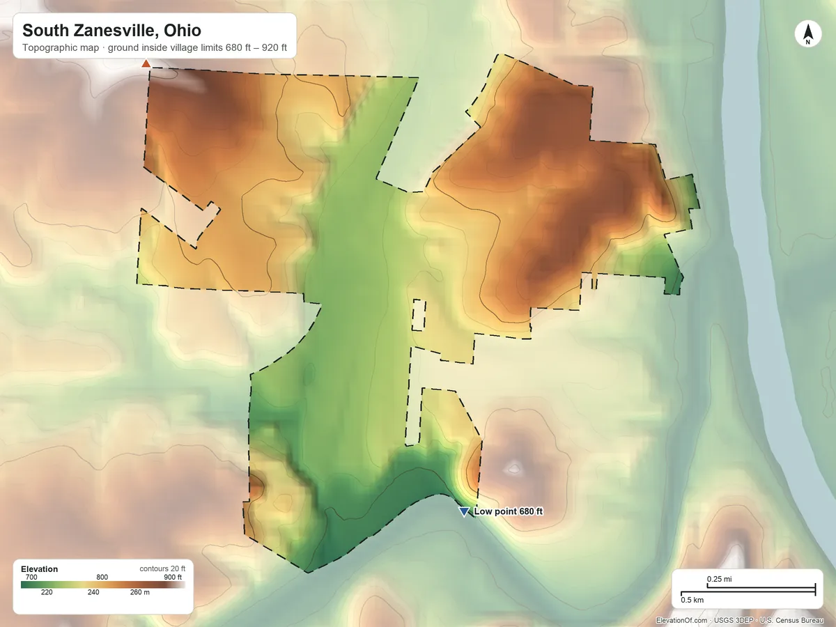 Topographic elevation map of South Zanesville, Ohio, shaded from 680 ft on the south side to 920 ft on the northwest side
