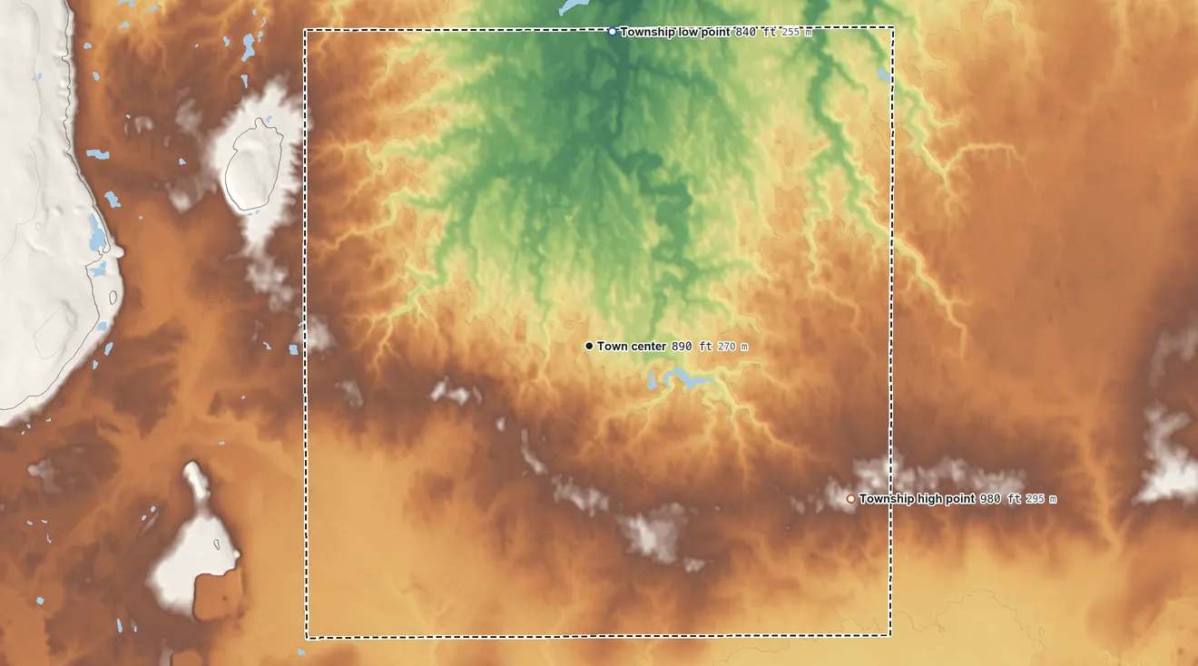 Topographic elevation map of Southington Township, Ohio, shaded from 840 ft on the north side to 980 ft on the southeast side