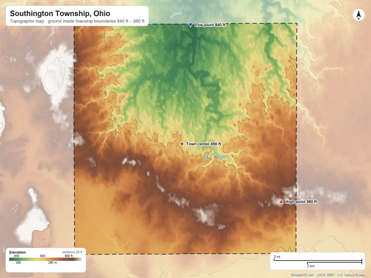 Topographic elevation map of Southington Township, Ohio, shaded from 840 ft on the north side to 980 ft on the southeast side