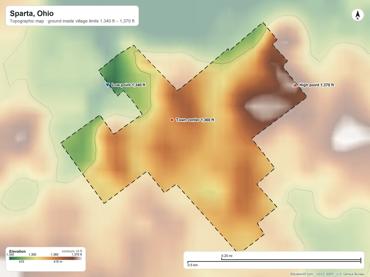Topographic elevation map of Sparta, Ohio, shaded from 1,340 ft on the northwest side to 1,370 ft on the east side