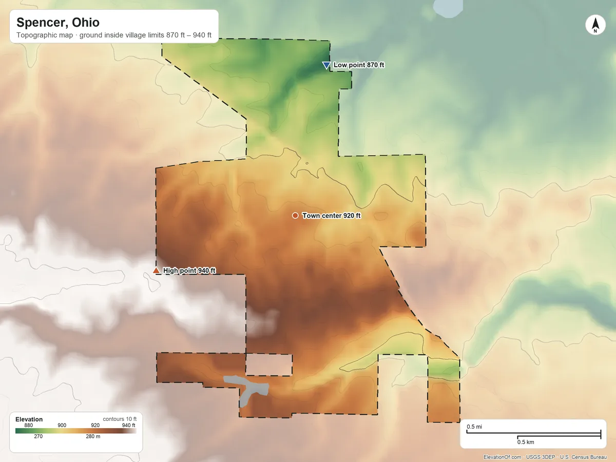 Topographic elevation map of Spencer, Ohio, shaded from 870 ft on the north side to 940 ft on the west side
