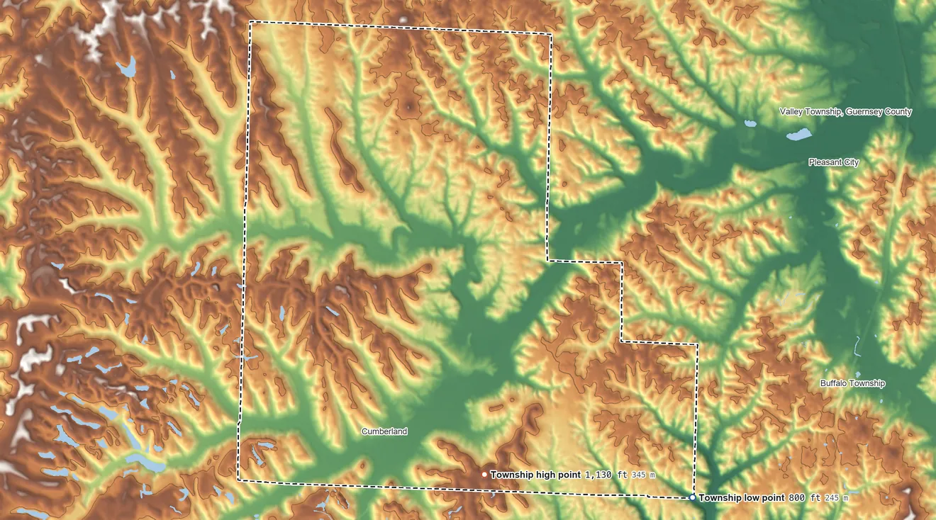 Topographic elevation map of Spencer Township, Guernsey County, Ohio, shaded from 800 ft on the southeast side to 1,130 ft on the southeast side