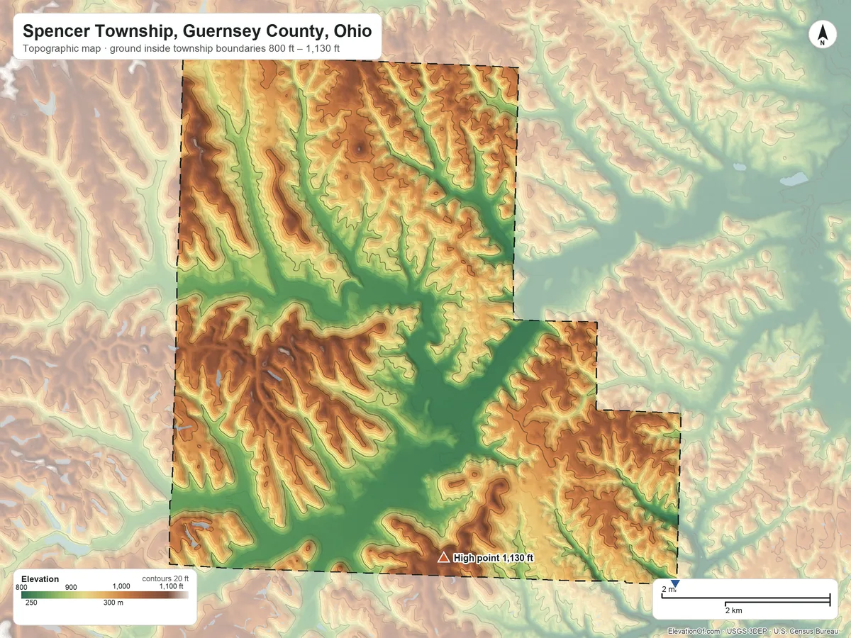 Topographic elevation map of Spencer Township, Guernsey County, Ohio, shaded from 800 ft on the southeast side to 1,130 ft on the southeast side