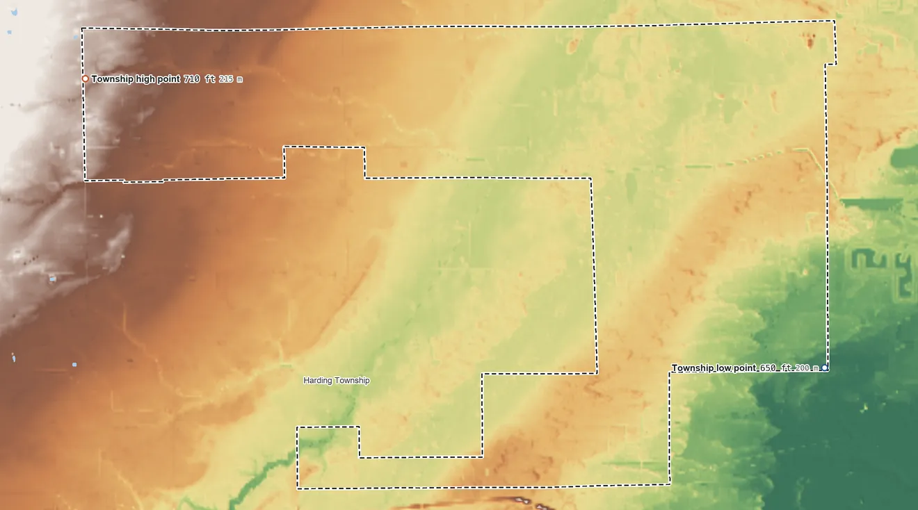 Topographic elevation map of Spencer Township, Lucas County, Ohio, shaded from 650 ft on the southeast side to 710 ft on the west side