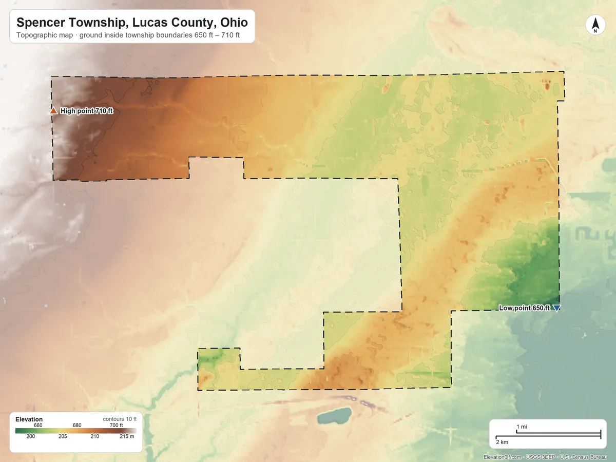 Topographic elevation map of Spencer Township, Lucas County, Ohio, shaded from 650 ft on the southeast side to 710 ft on the west side
