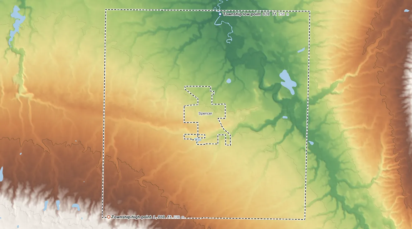 Topographic elevation map of Spencer Township, Medina County, Ohio, shaded from 820 ft on the north side to 1,080 ft on the southwest side