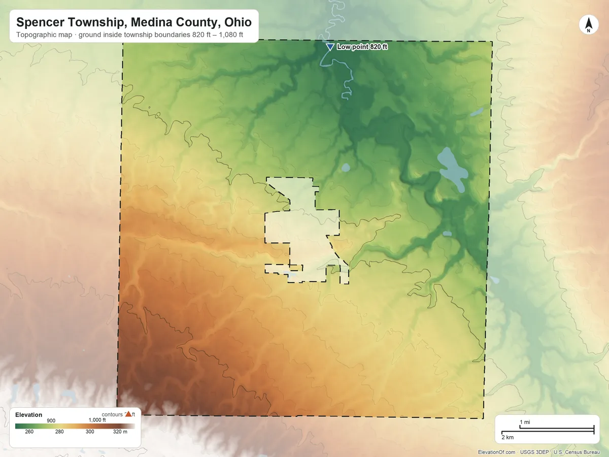 Topographic elevation map of Spencer Township, Medina County, Ohio, shaded from 820 ft on the north side to 1,080 ft on the southwest side
