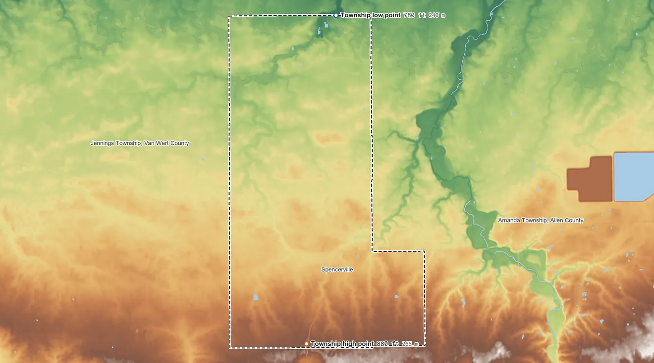 Topographic elevation map of Spencer Township, Ohio, shaded from 780 ft on the north side to 880 ft on the south side