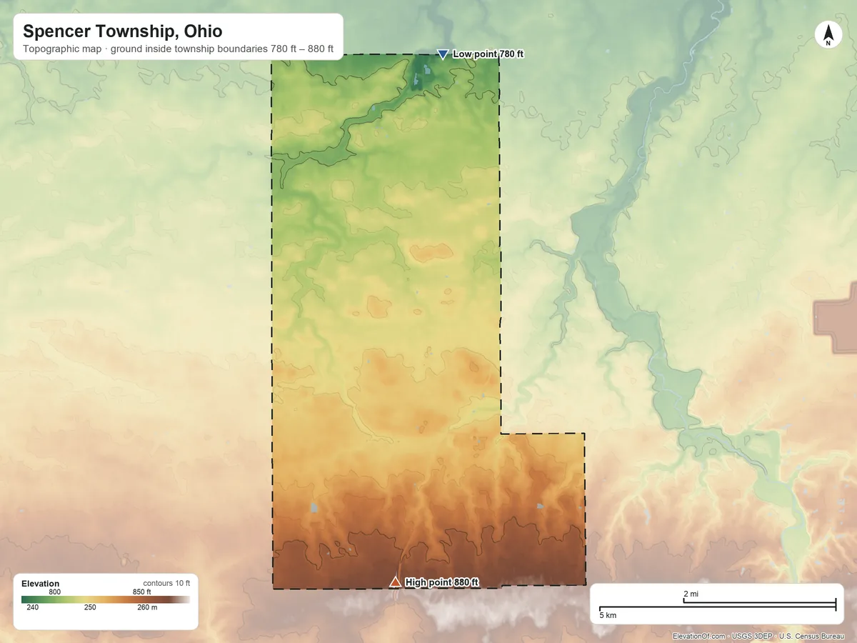 Topographic elevation map of Spencer Township, Ohio, shaded from 780 ft on the north side to 880 ft on the south side