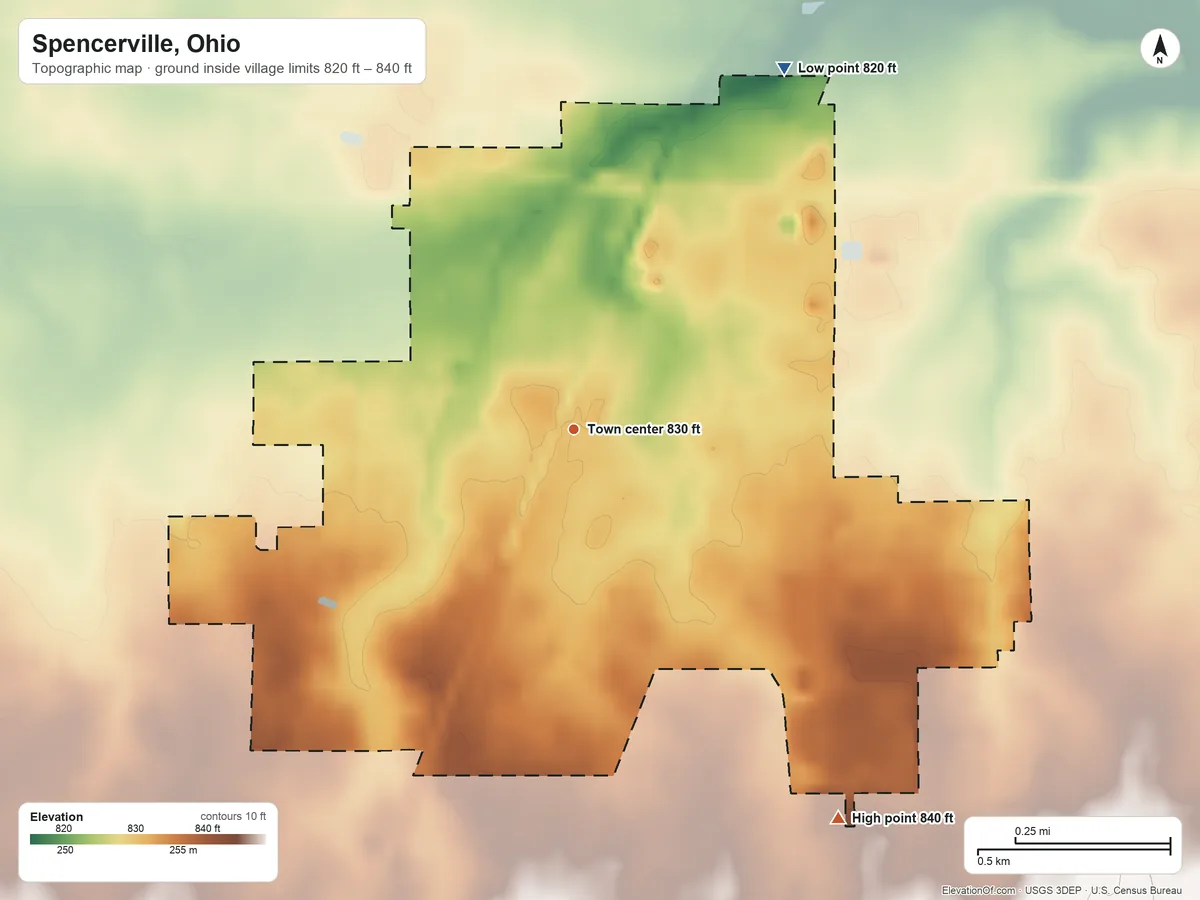 Topographic elevation map of Spencerville, Ohio, shaded from 820 ft on the northeast side to 840 ft on the southeast side