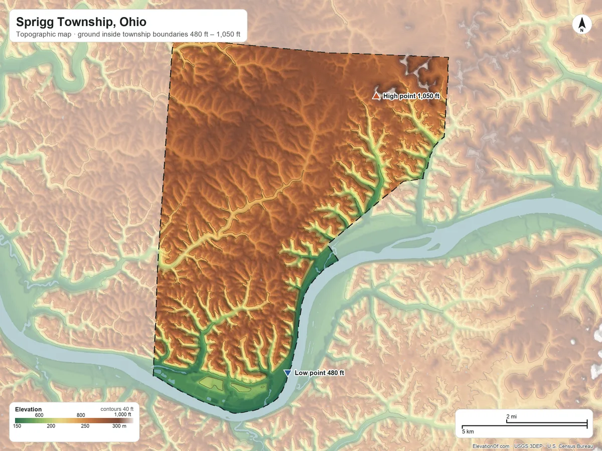 Topographic elevation map of Sprigg Township, Ohio, shaded from 480 ft on the south side to 1,050 ft on the northeast side