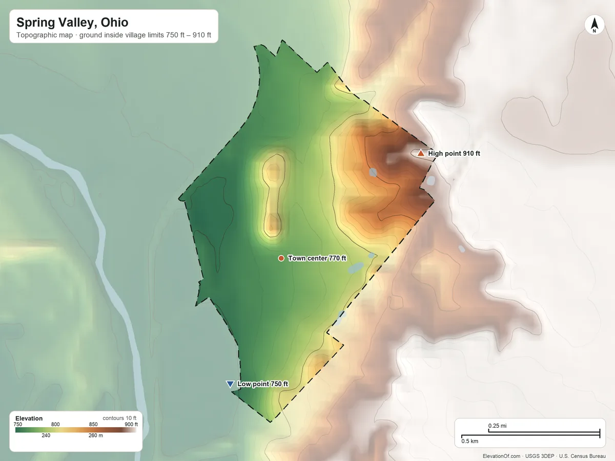 Topographic elevation map of Spring Valley, Ohio, shaded from 750 ft on the south side to 910 ft on the northeast side