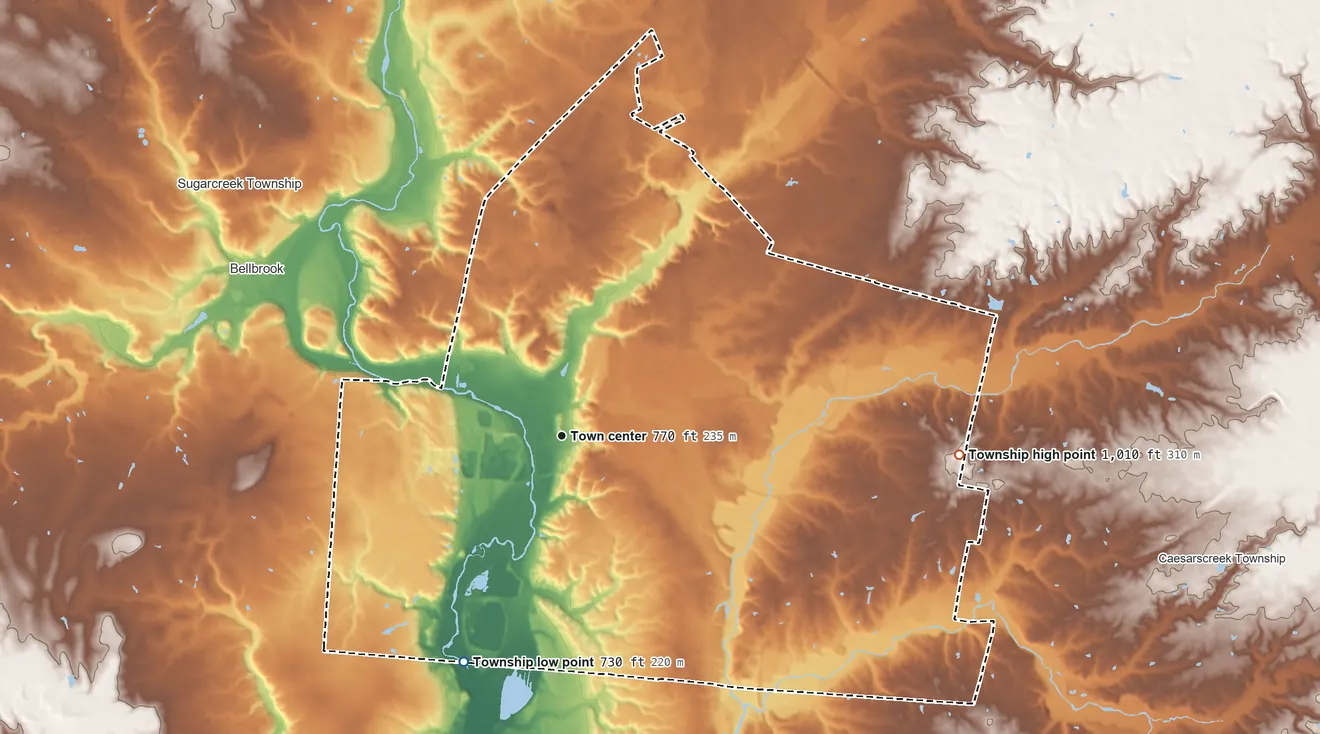 Topographic elevation map of Spring Valley Township, Ohio, shaded from 730 ft on the southwest side to 1,010 ft on the east side