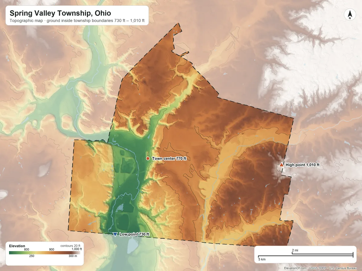 Topographic elevation map of Spring Valley Township, Ohio, shaded from 730 ft on the southwest side to 1,010 ft on the east side