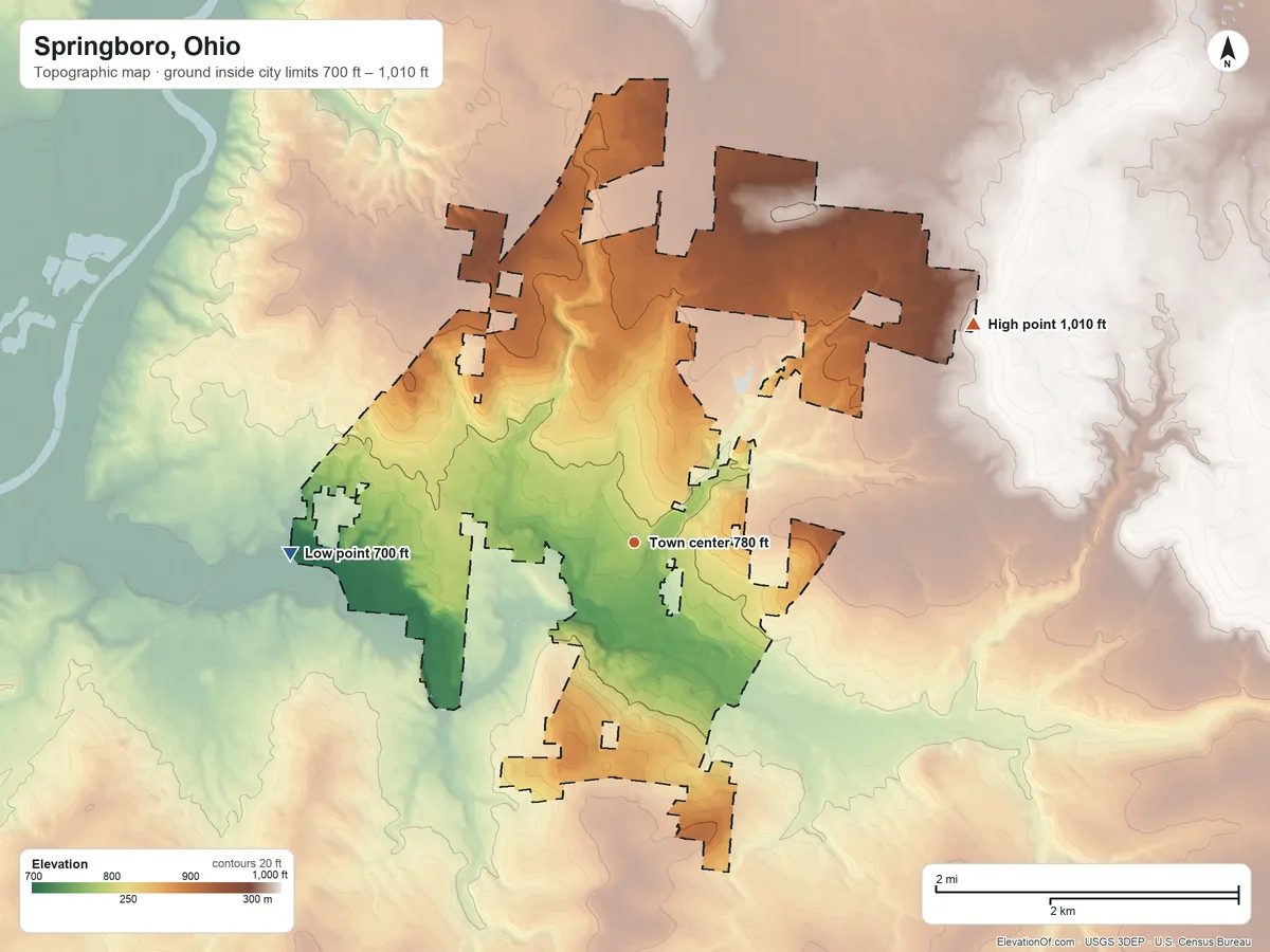 Topographic elevation map of Springboro, Ohio, shaded from 700 ft on the west side to 1,010 ft on the northeast side
