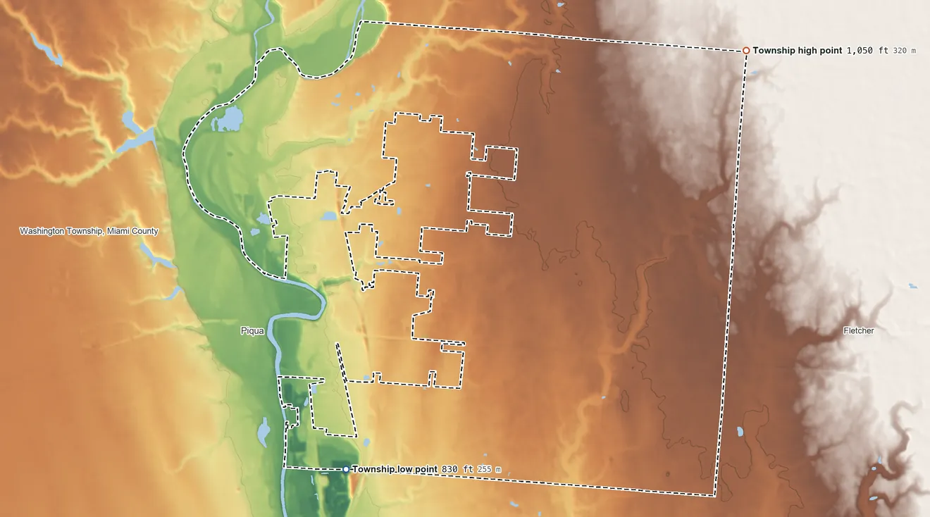Topographic elevation map of Springcreek Township, Ohio, shaded from 830 ft on the south side to 1,050 ft on the east side