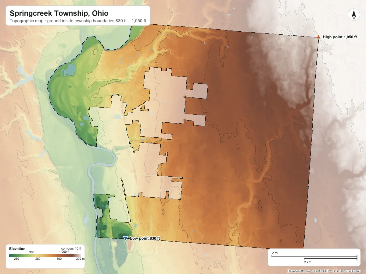 Topographic elevation map of Springcreek Township, Ohio, shaded from 830 ft on the south side to 1,050 ft on the east side