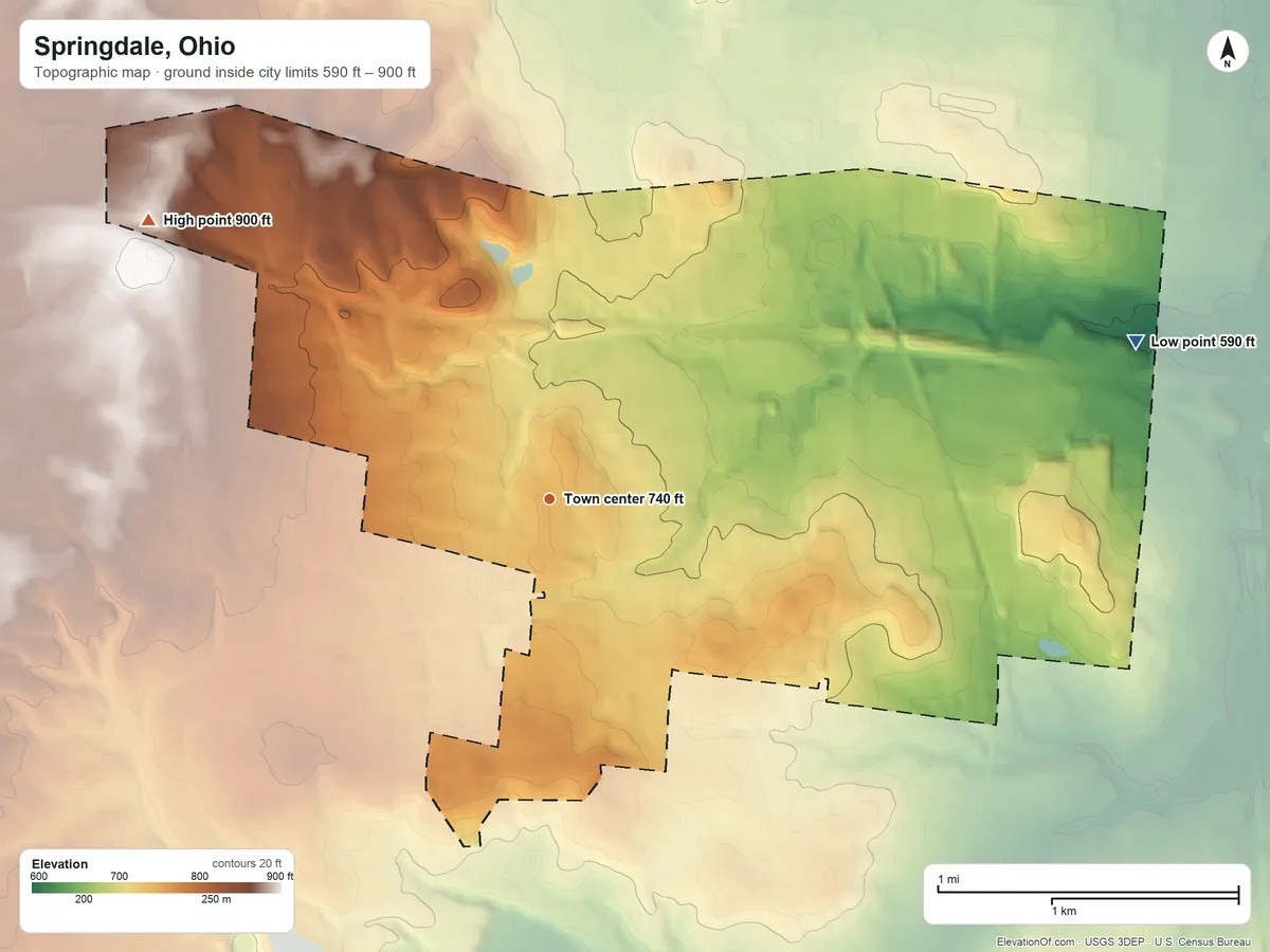 Topographic elevation map of Springdale, Ohio, shaded from 590 ft on the east side to 900 ft on the northwest side