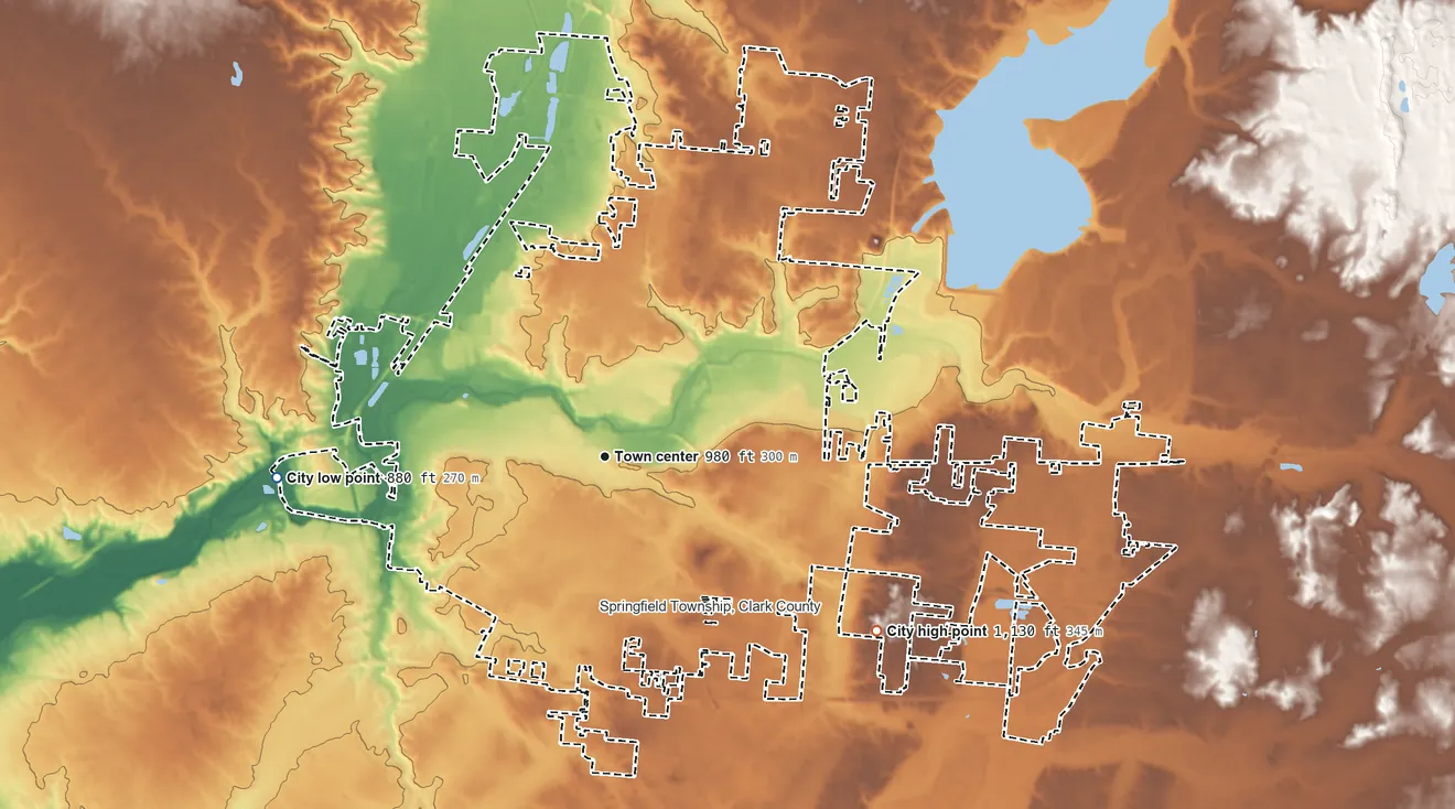 Topographic elevation map of Springfield, Ohio, shaded from 880 ft on the west side to 1,130 ft on the southeast side