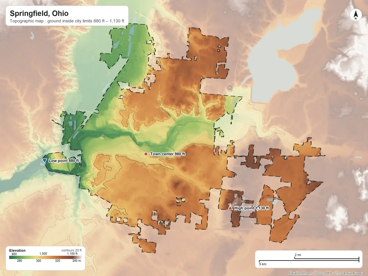 Topographic elevation map of Springfield, Ohio, shaded from 880 ft on the west side to 1,130 ft on the southeast side