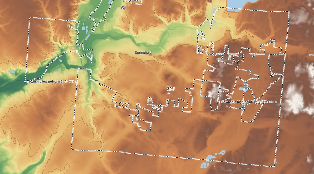 Topographic elevation map of Springfield Township, Clark County, Ohio, shaded from 880 ft on the west side to 1,120 ft on the east side