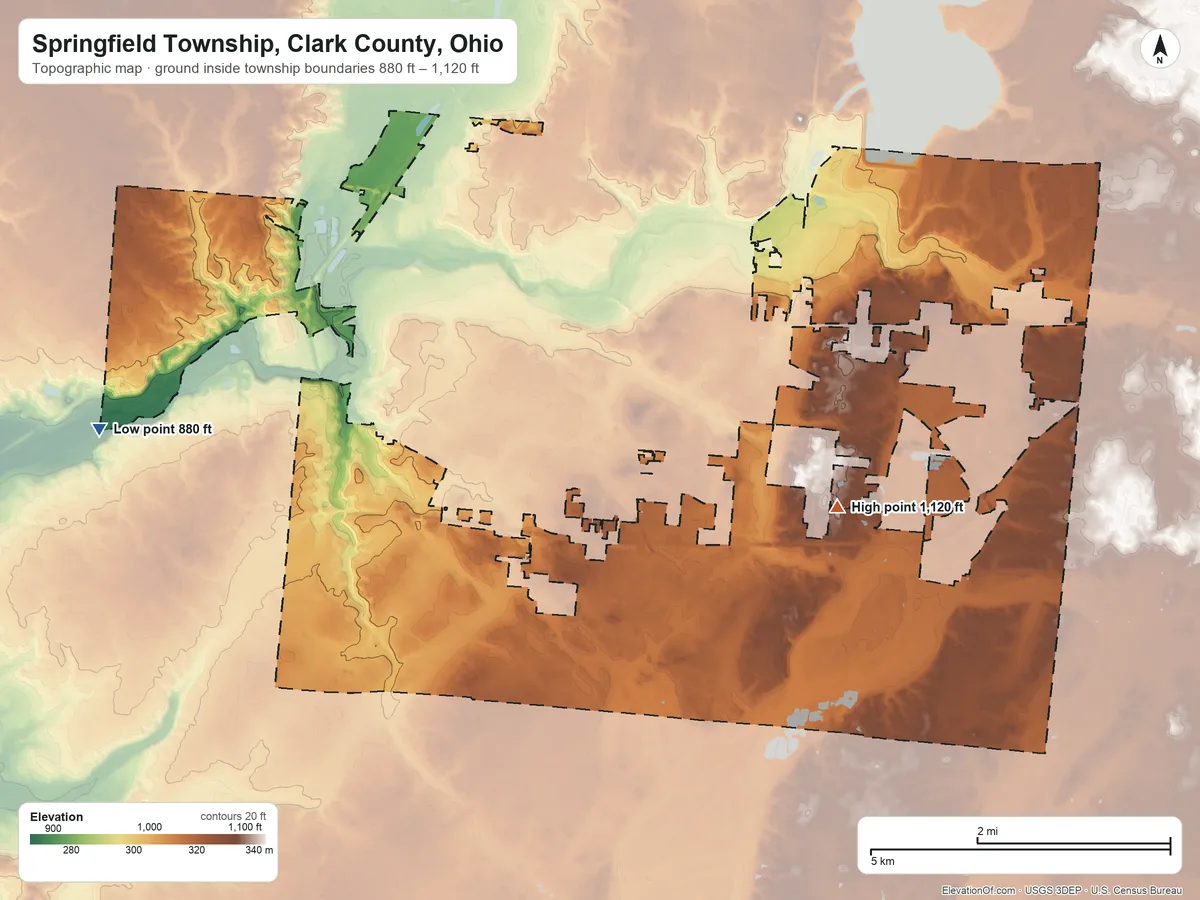 Topographic elevation map of Springfield Township, Clark County, Ohio, shaded from 880 ft on the west side to 1,120 ft on the east side