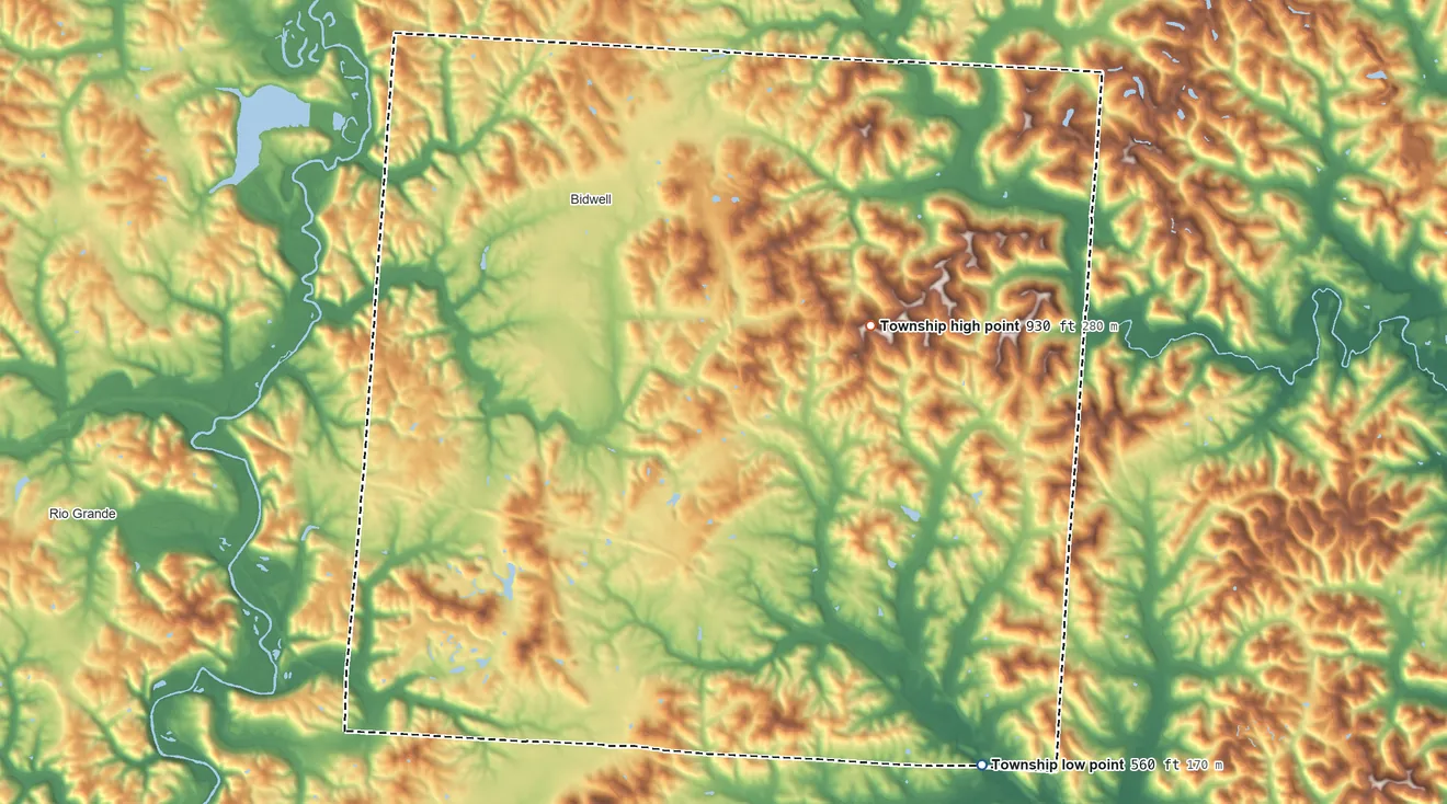 Topographic elevation map of Springfield Township, Gallia County, Ohio, shaded from 560 ft on the southeast side to 930 ft on the east side