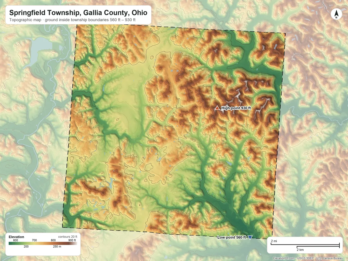Topographic elevation map of Springfield Township, Gallia County, Ohio, shaded from 560 ft on the southeast side to 930 ft on the east side