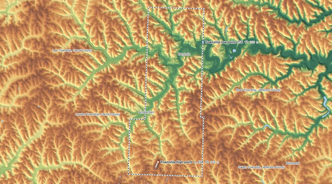 Topographic elevation map of Springfield Township, Jefferson County, Ohio, shaded from 850 ft on the northeast side to 1,450 ft on the south side
