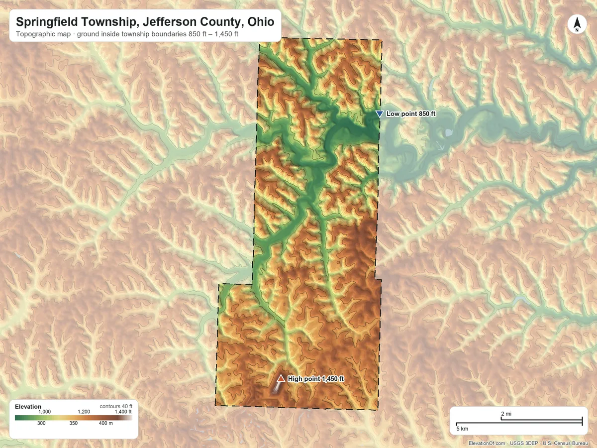 Topographic elevation map of Springfield Township, Jefferson County, Ohio, shaded from 850 ft on the northeast side to 1,450 ft on the south side