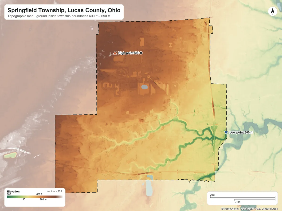 Topographic elevation map of Springfield Township, Lucas County, Ohio, shaded from 600 ft on the southeast side to 690 ft on the northwest side