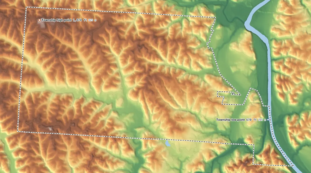Topographic elevation map of Springfield Township, Muskingum County, Ohio, shaded from 670 ft on the east side to 1,070 ft on the northwest side